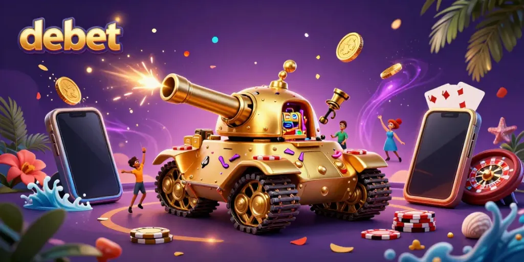 Engaging illustration showcasing debet's vibrant gambling environment with a golden beetle tank casino.