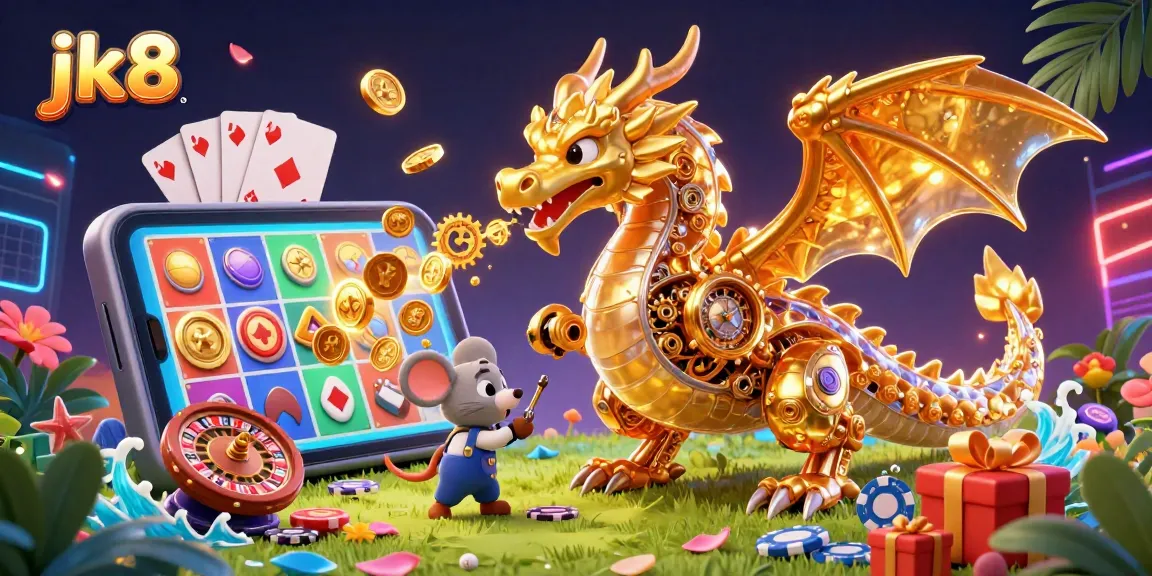 jk8 interactive casino scene featuring a mechanical dragon and charming elements like slot games and poker chips.
