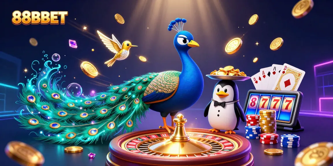 Experience a vibrant and energetic scene at 88BBET casino, featuring a peacock, penguin, and hummingbird.