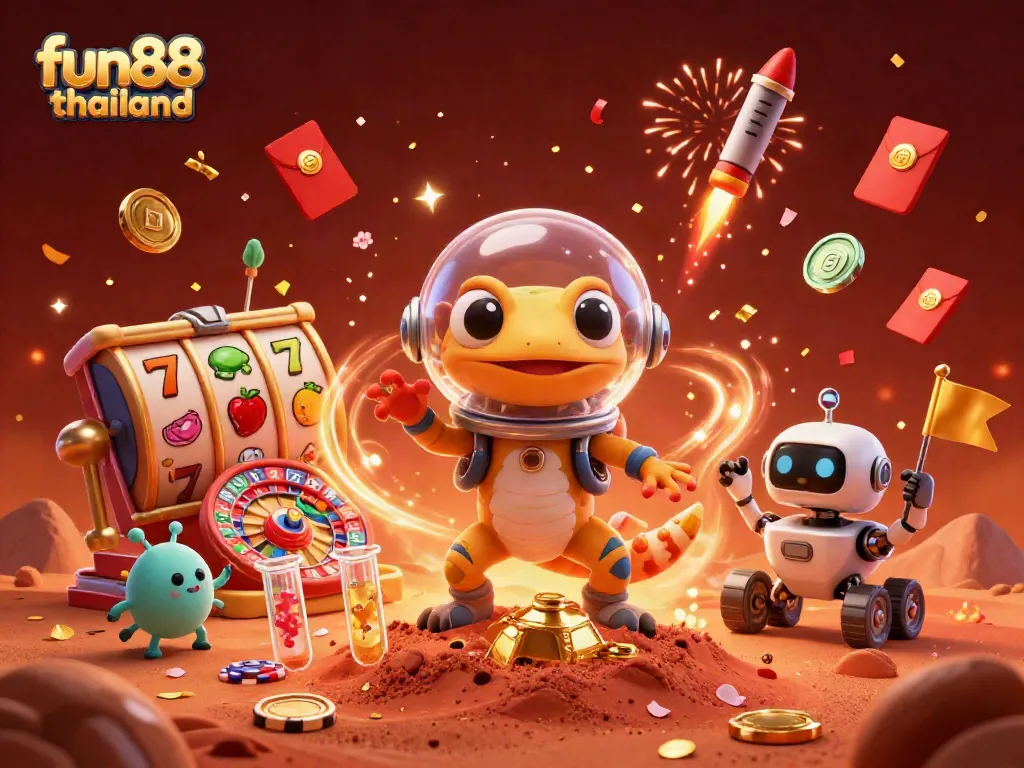 Experience fun88 thailand’s vibrant gaming world with a Martian gecko discovering a golden casino full of excitement.