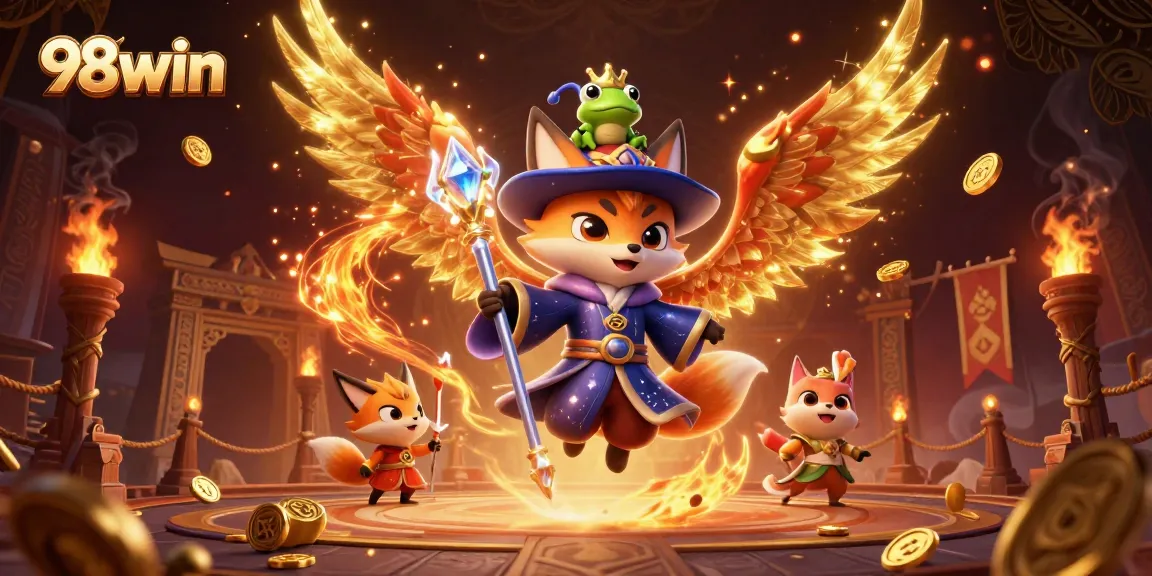 Explore the thrilling world of 98win with this vibrant 3D illustration, featuring a wizard fox and a phoenix.