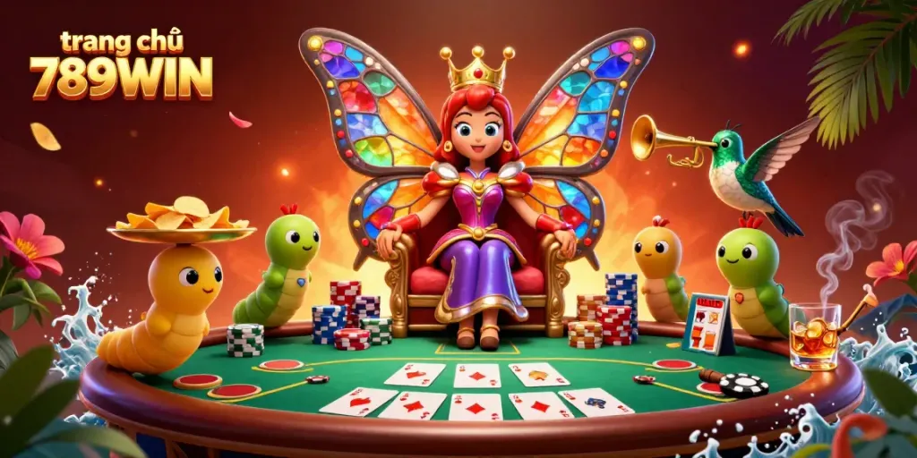 Engage in exciting gameplay at trang chủ 789WIN with vibrant poker-themed elements and a magical butterfly queen.