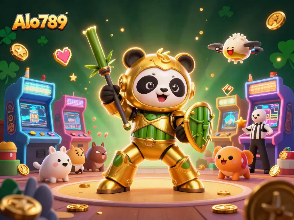 Alo789 showcases an energetic arena where a mech-suited panda battles, enlivened by vibrant gaming elements.