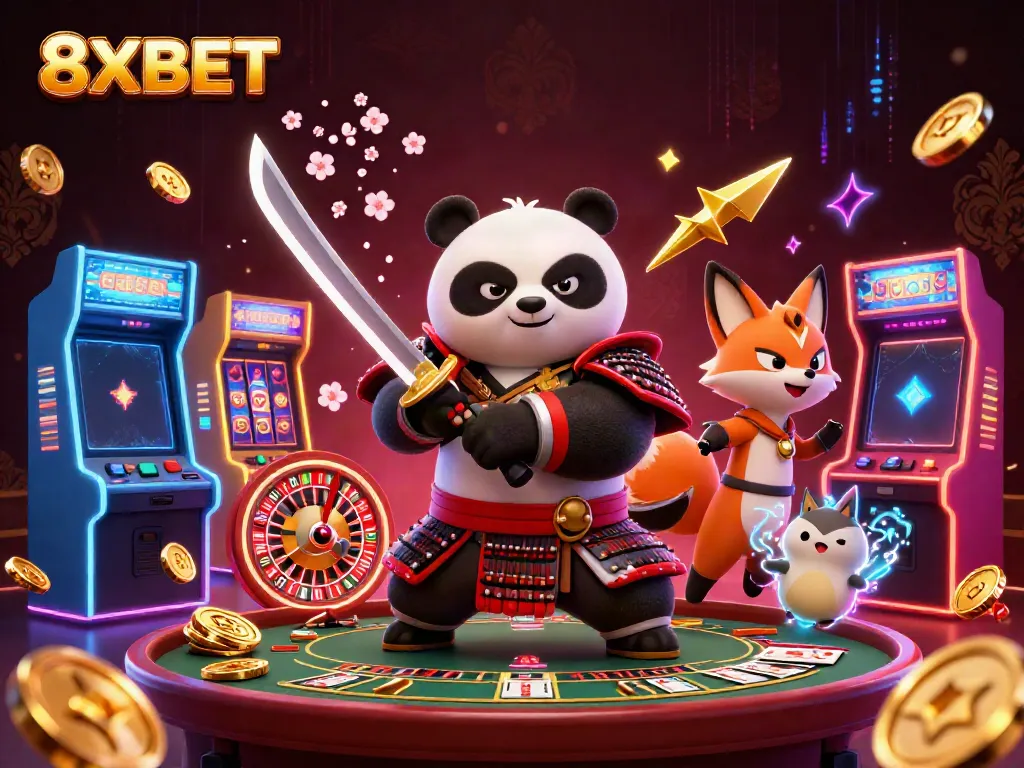 Engage with 8XBET's thrilling gaming world featuring dynamic characters and vibrant casino elements.