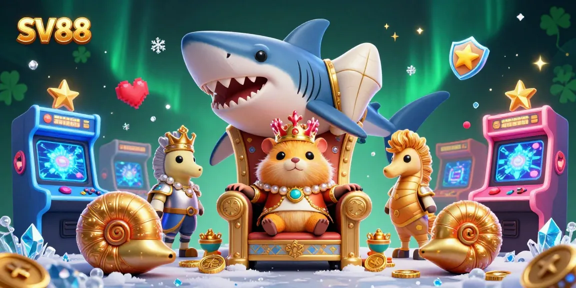 Engage in exciting betting at SV88, featuring a golden hamster king amid colorful casino elements.