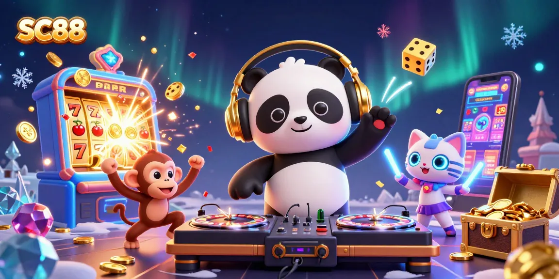 Spin with SC88: DJ panda, breakdancing monkey, and rave kitten in vibrant casino scene.
