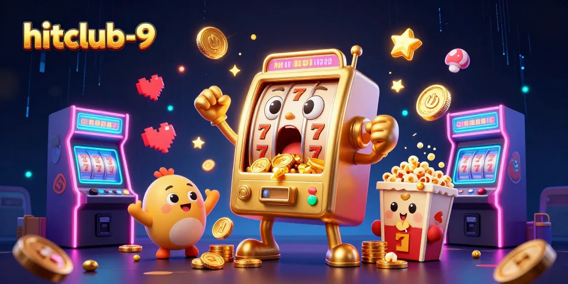 Hitclub-9 slot machine surprises with jackpots as coins fall in a vivid digital gaming scene.