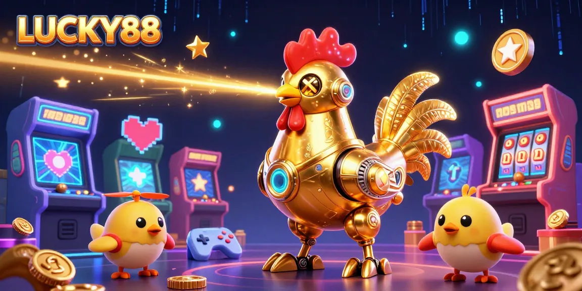 Experience thrilling gameplay with LUCKY88, featuring a golden rooster robot and engaging gaming elements.