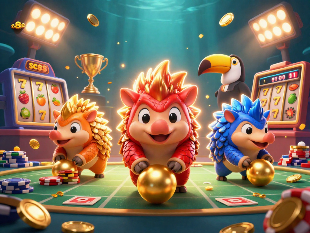 Engage in thrilling slot action with the sc88 pangolins amidst golden reels and vibrant poker chips.