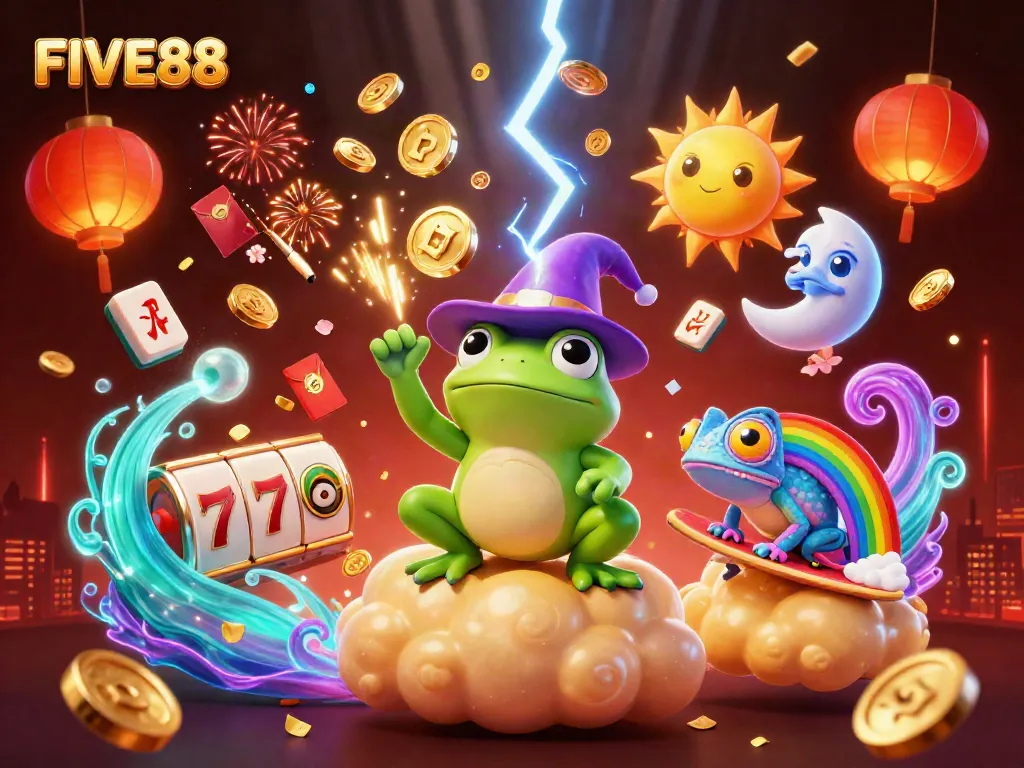 Experience the excitement of FIVE88 with vibrant colors and dynamic casino elements in this 3D illustration.
