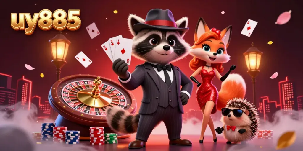 Experience the thrill of winning at uy885 with a dynamic raccoon holding a royal flush in a lively casino.