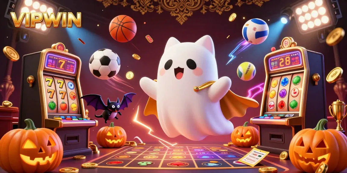 Experience the thrill of VIPWIN in this vibrant casino scene with a ghost cat and vibrant gaming elements.