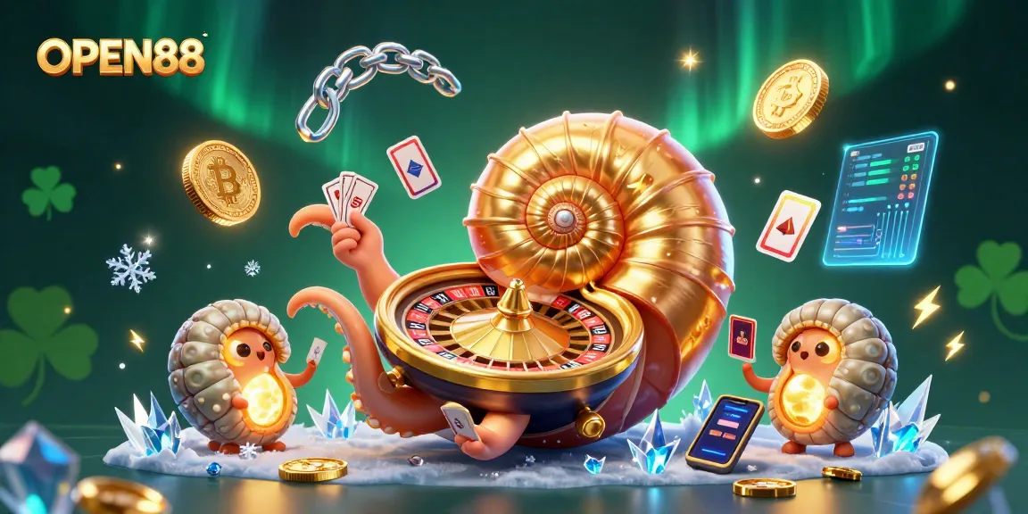 Experience thrilling gameplay at OPEN88 with a colorful 3D casino scene featuring an ancient nautilus and cryptocurrency elements.
