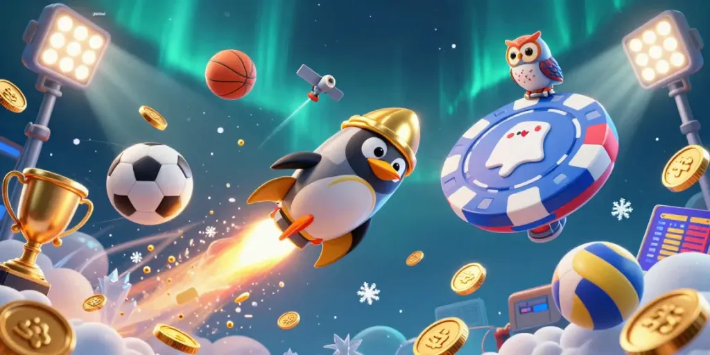 Experience the excitement of qh88alf with a golden penguin soaring to a casino chip station in this vivid 3D illustration.