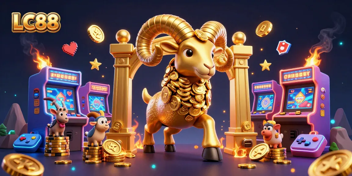 LC88 players celebrating wins with golden ram and vibrant casino games in a dynamic scene.