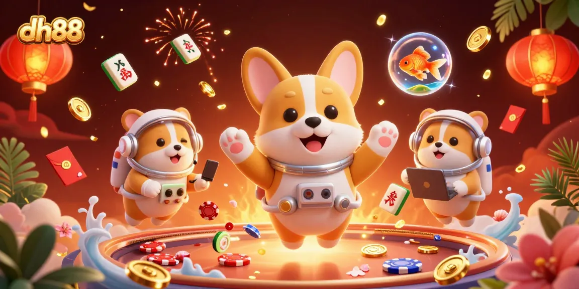 Play exciting games at dh88 with a cosmic theme featuring a cartoon corgi, chips, and lanterns.