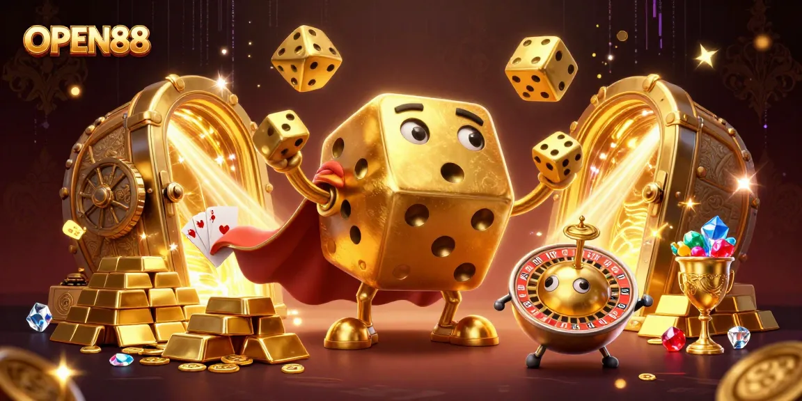Experience the excitement of OPEN88 with a vibrant 3D illustration showcasing gaming elements and golden treasures.