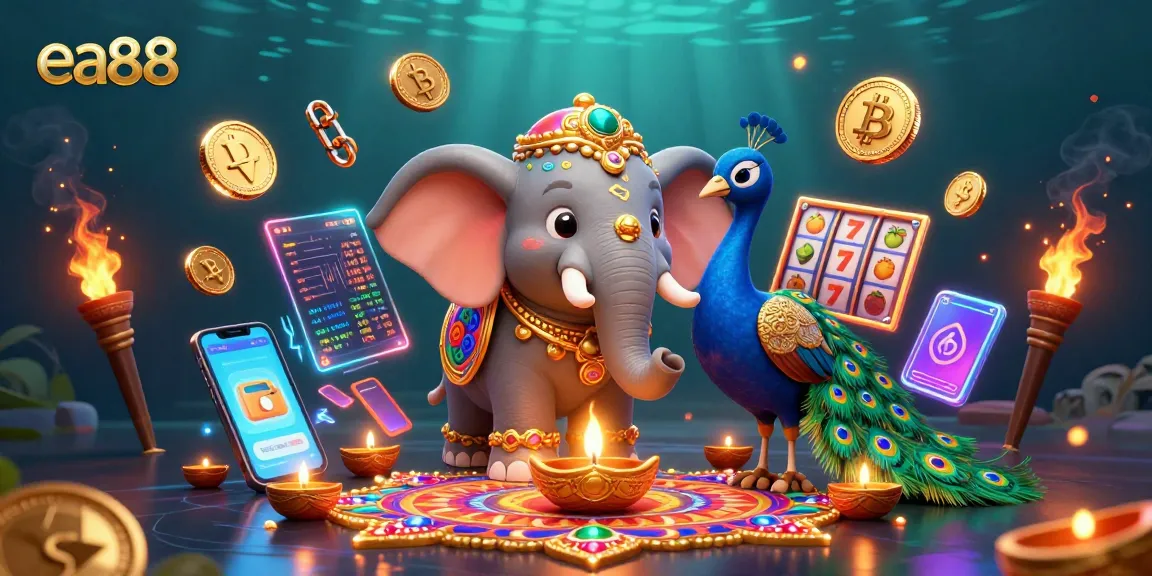 Play at ea88 with exciting slot reels and neon crypto elements in vibrant casino art.