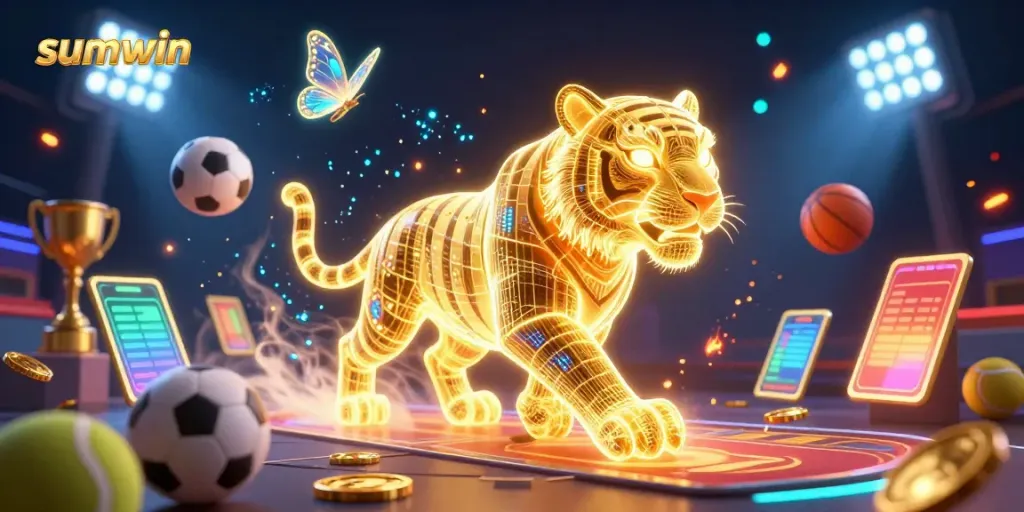 Experience the thrill of sumwin with a vibrant digital casino featuring neon elements and sports-themed graphics.