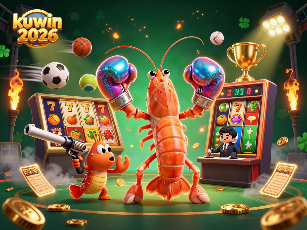 Kuwin 2026 features a vibrant 3D illustration showcasing casino gaming elements, promoting exciting winning opportunities.