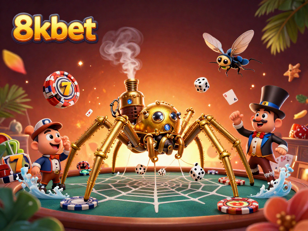 Experience thrilling games at 8kbet with a golden steampunk spider and poker elements.