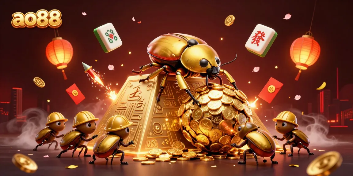 Join the excitement of ao88 with golden beetles and casino symbols in a vibrant 3D scene.