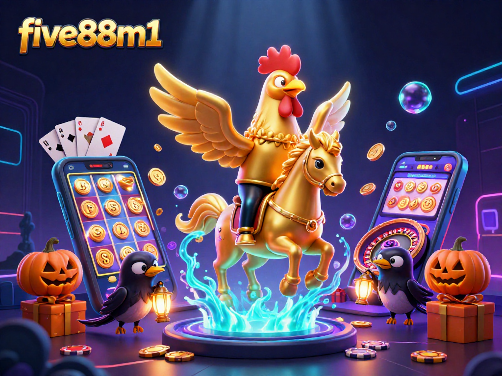 Engage with five88m1's vibrant casino atmosphere featuring a golden rooster and spectral horse.