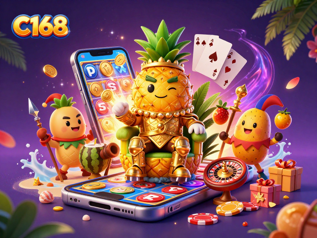 Engage with C168's vibrant casino world featuring a pineapple king, golden coins, and exciting game elements.