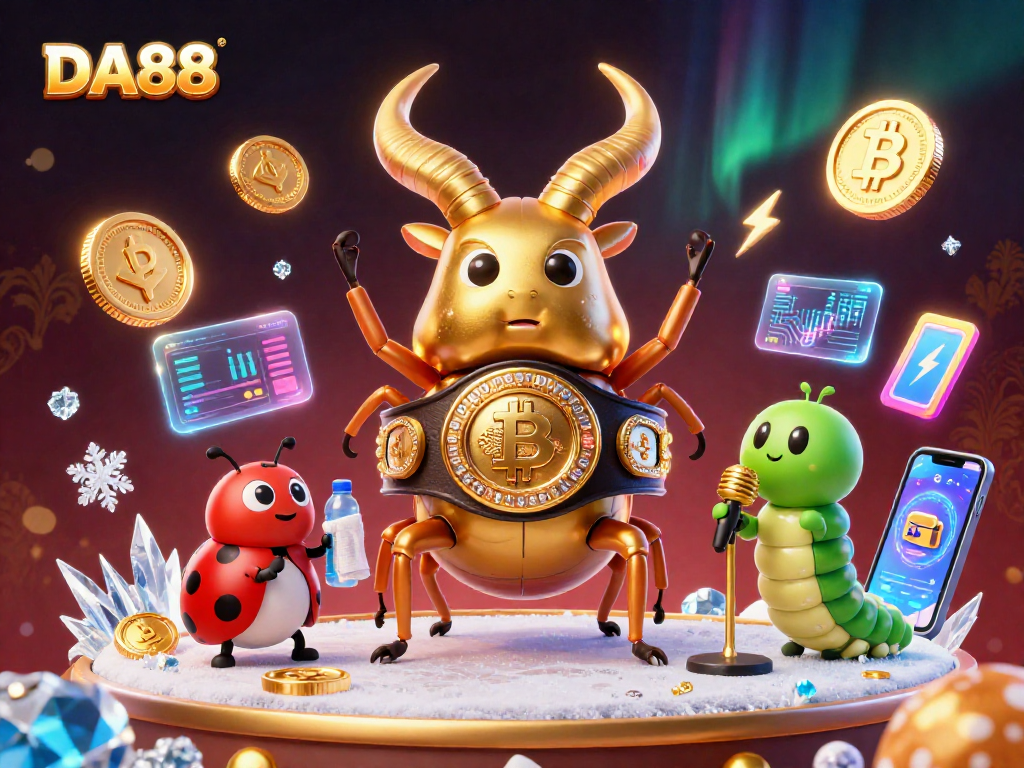 DA88 showcases thrilling casino action with a giant golden beetle in a boxing belts amid crypto-themed elements.