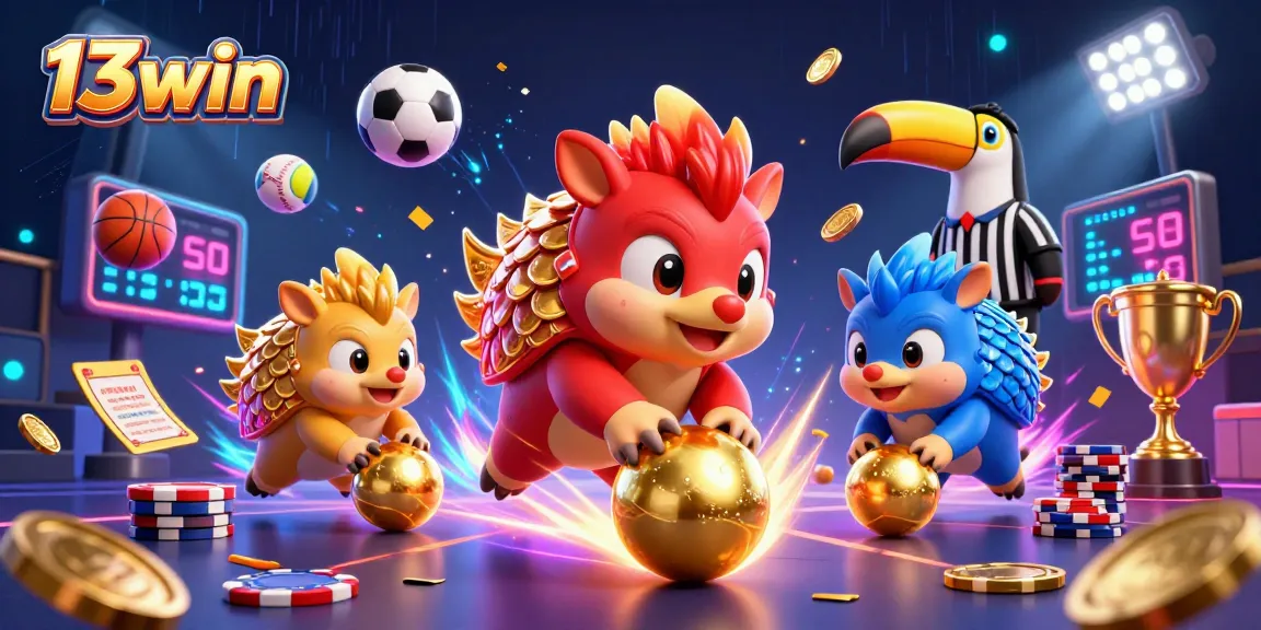 Engaging scene of pangolins rolling golden balls in a vibrant 13win online casino illustration.
