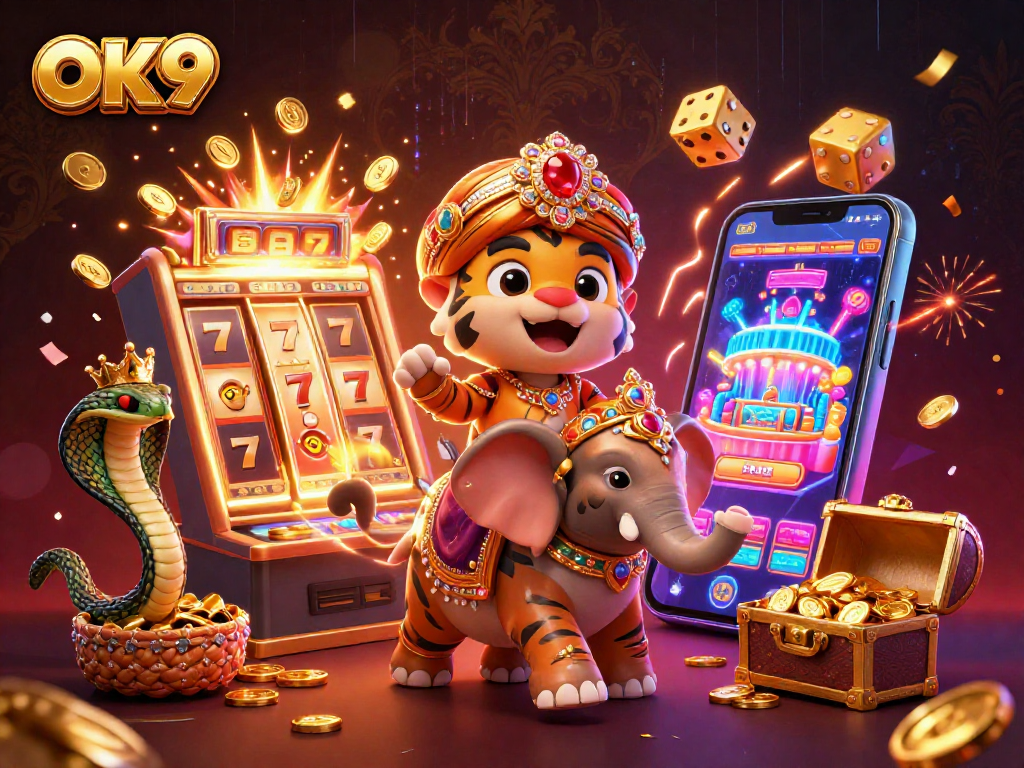 Engage in thrilling gameplay at OK9 with vibrant casino illustrations and jackpot wins.