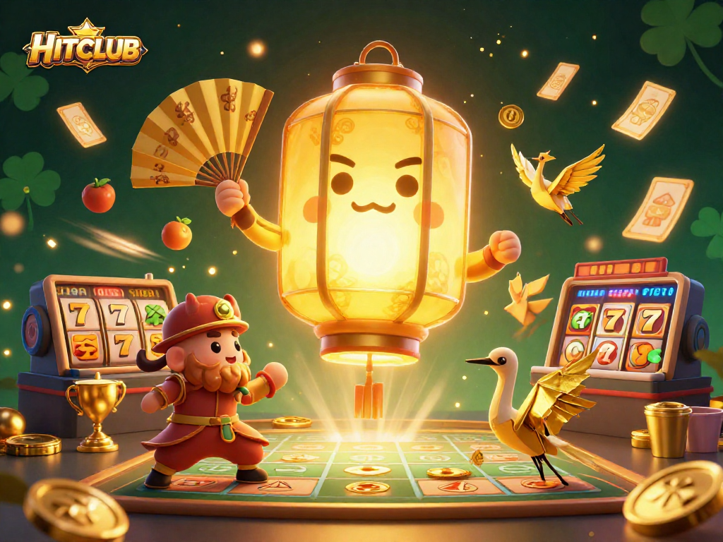 HITCLUB showcases a golden lantern spirit above a dynamic casino scene filled with vibrant gaming elements.