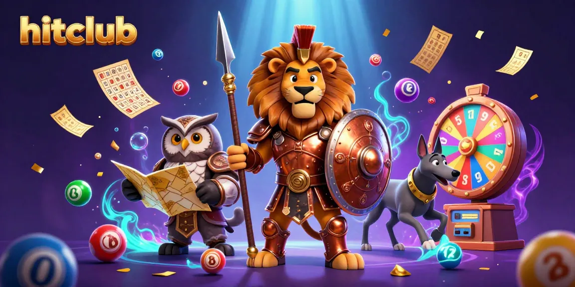 Hitclub unveils a vibrant lottery scene featuring a Spartan lion, tactical owl, and swift greyhound in a casino setting.