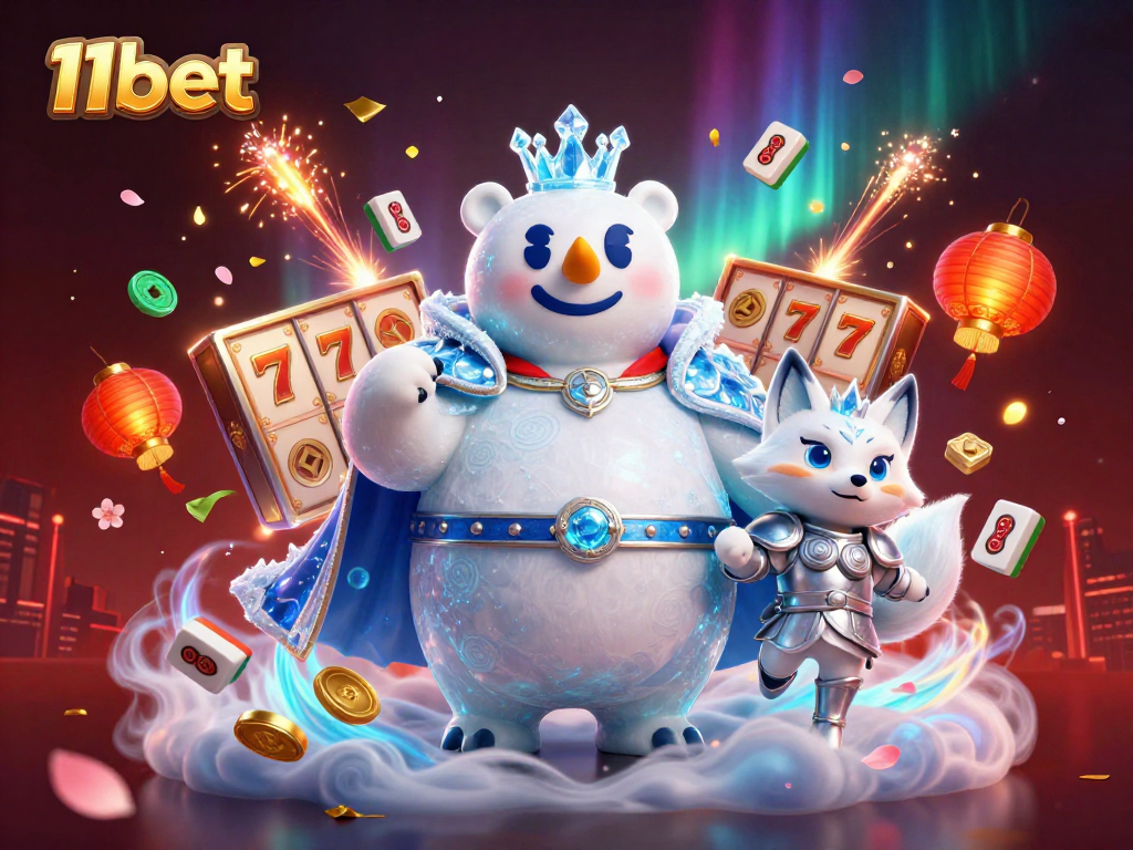 Experience the thrill of 11bet with a captivating scene featuring a crystal crown polar bear and festive casino elements.