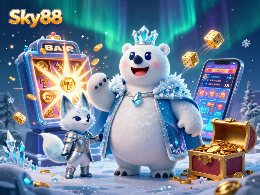 Experience thrilling wins with Sky88 in this vibrant, ultra-detailed casino scene bursting with excitement.