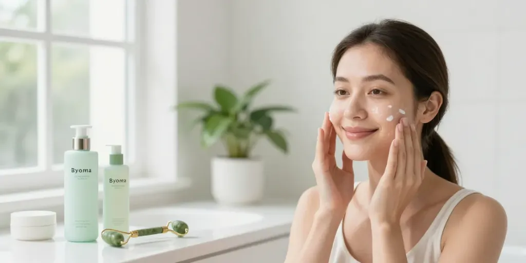 Model die Byoma milky toner aanbrengt voor een stralende huid in lichte badkamer.