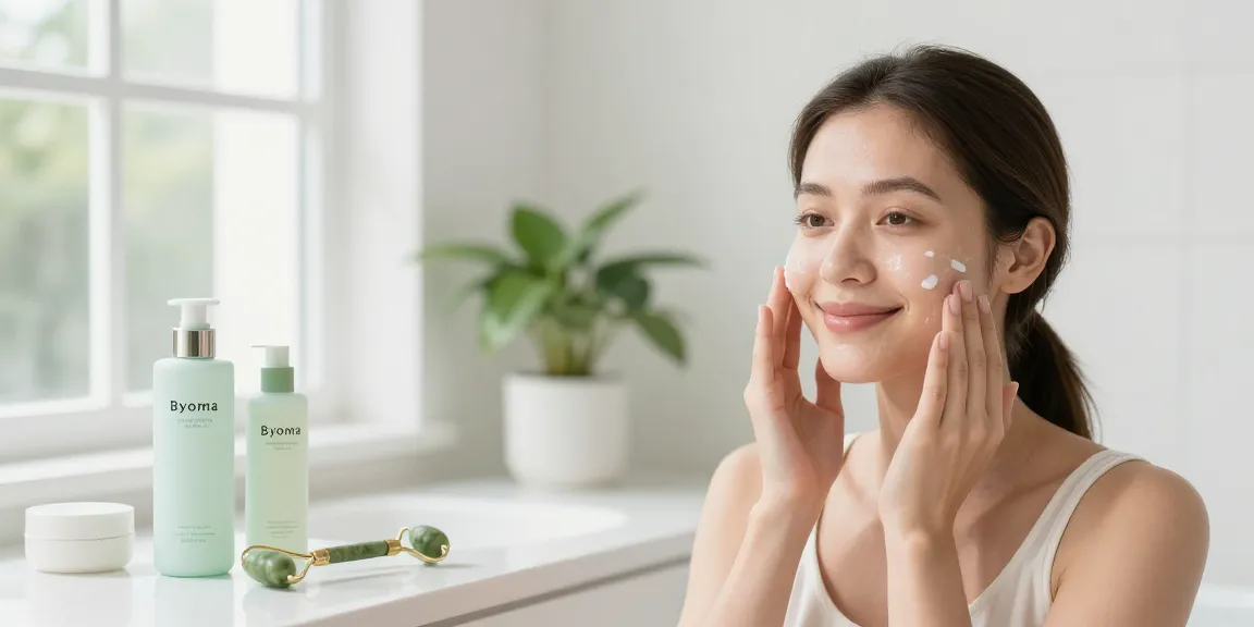 Model die Byoma milky toner aanbrengt voor een stralende huid in lichte badkamer.
