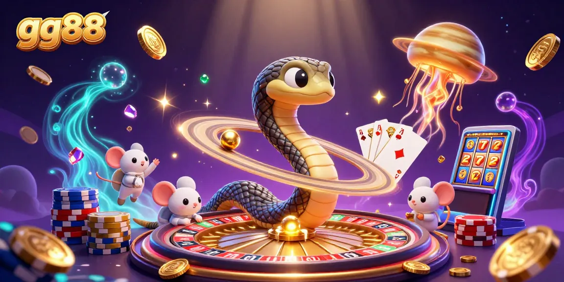 Experience the thrill of gg88 with a captivating cosmic casino scene featuring a roulette wheel and playful mice.