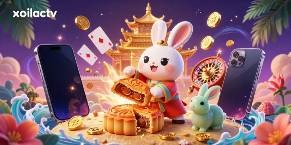 Xoilactv features a whimsical lunar scene with a moon rabbit and casino elements in 8K quality.