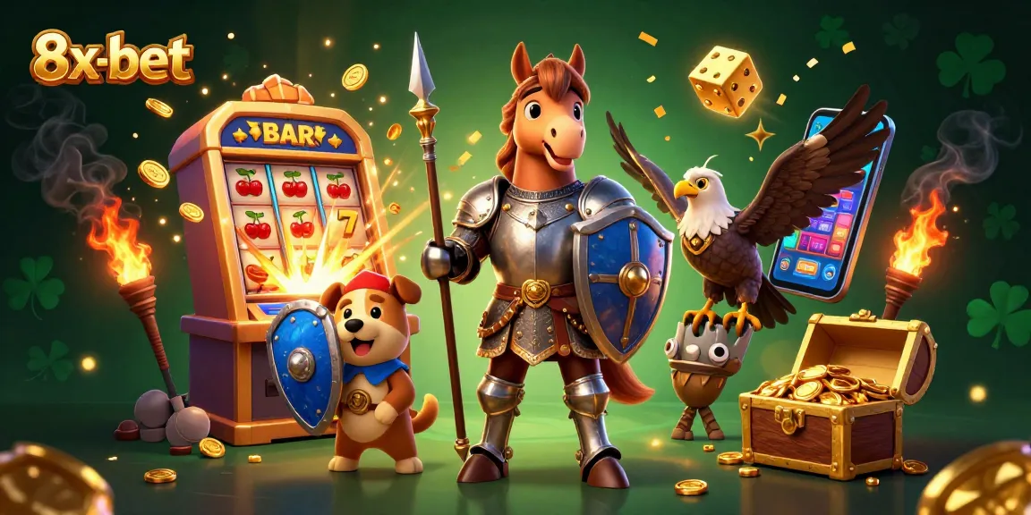 Engage with thrilling 8x-bet casino games featuring knights and vibrant jackpot scenes.