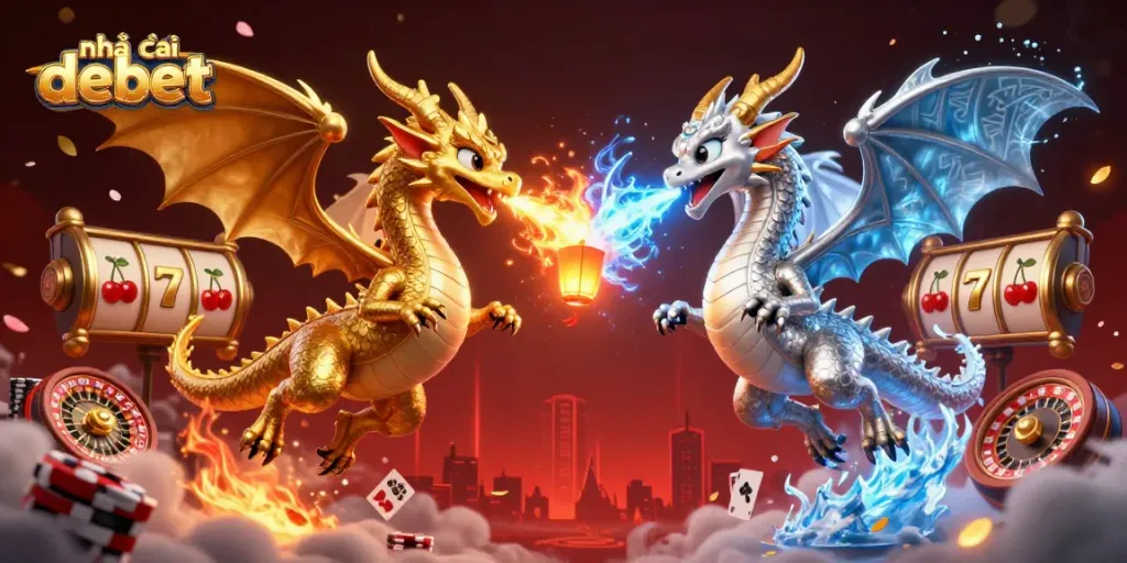 Experience the excitement of nhà cái debet with vibrant casino elements and dragons in dynamic 3D illustration.