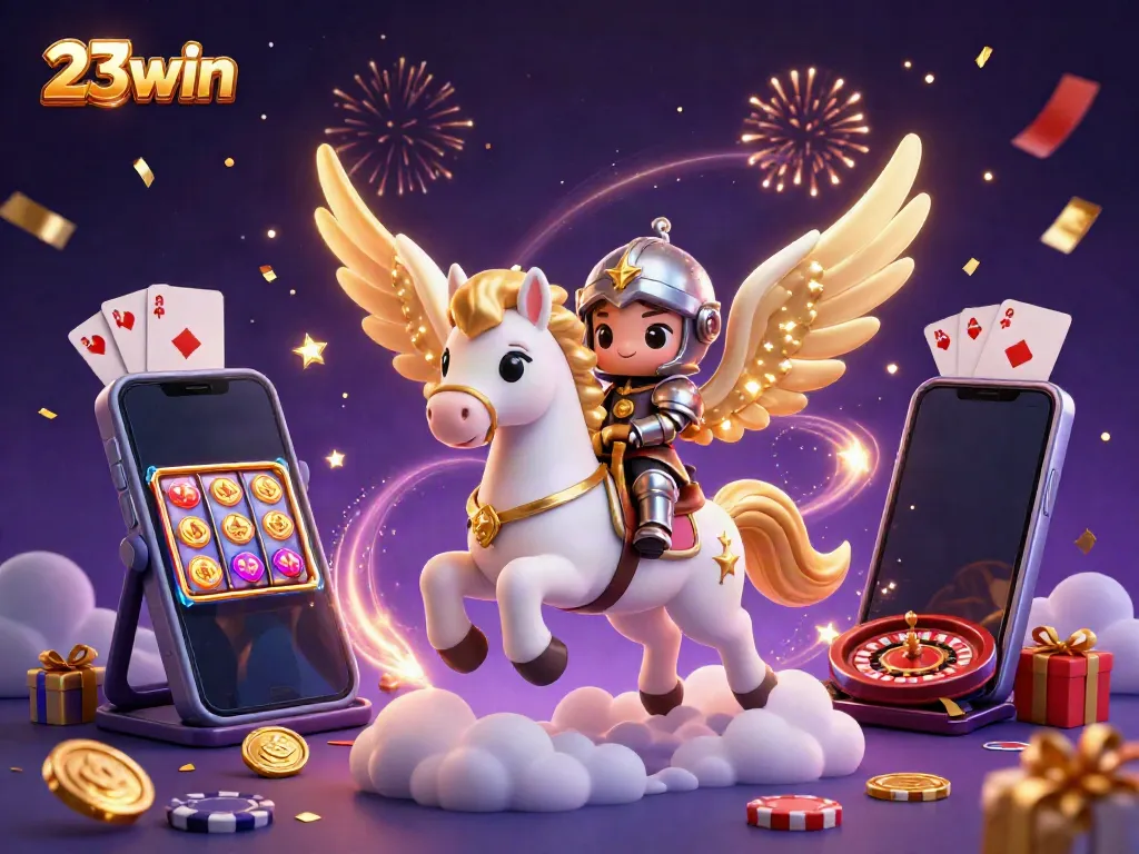 Experience thrilling gameplay at 23win with a vibrant 3D illustration showcasing dynamic gambling elements.