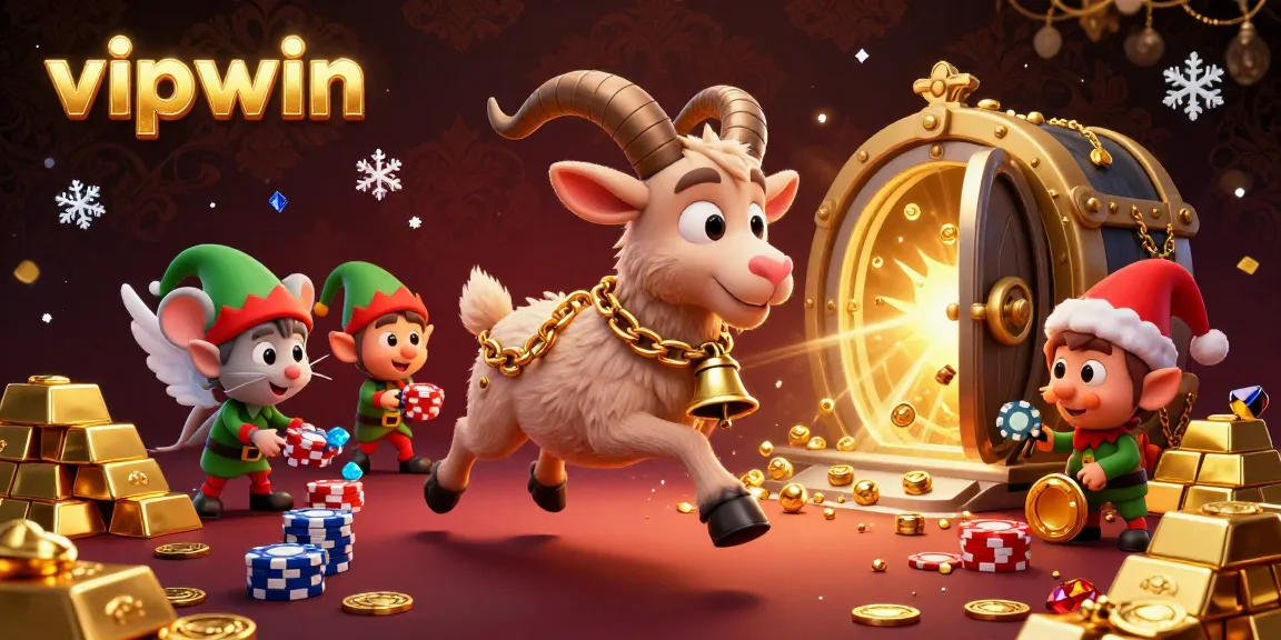 Experience vipwin with a festive casino scene featuring playful characters and treasures in a dynamic 3D illustration.