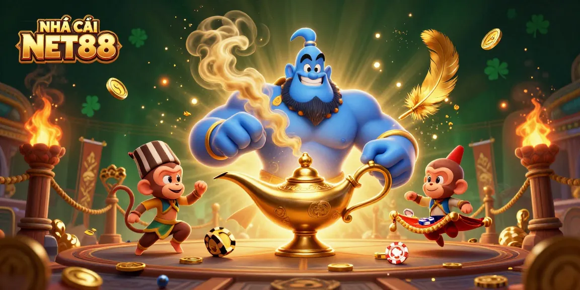 Experience thrilling gameplay with NHÀ CÁI NET88 as a powerful genie emerges from a magical lamp.