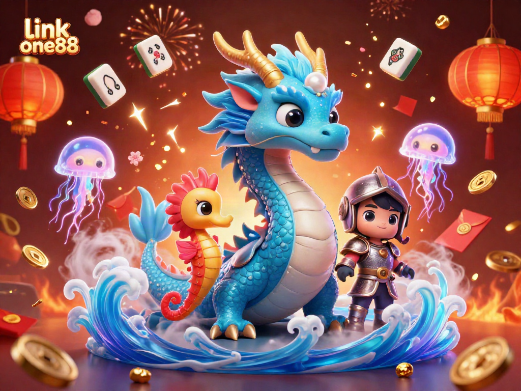 Play games at link one88 with majestic dragon and seahorse knight amidst festive casino elements.