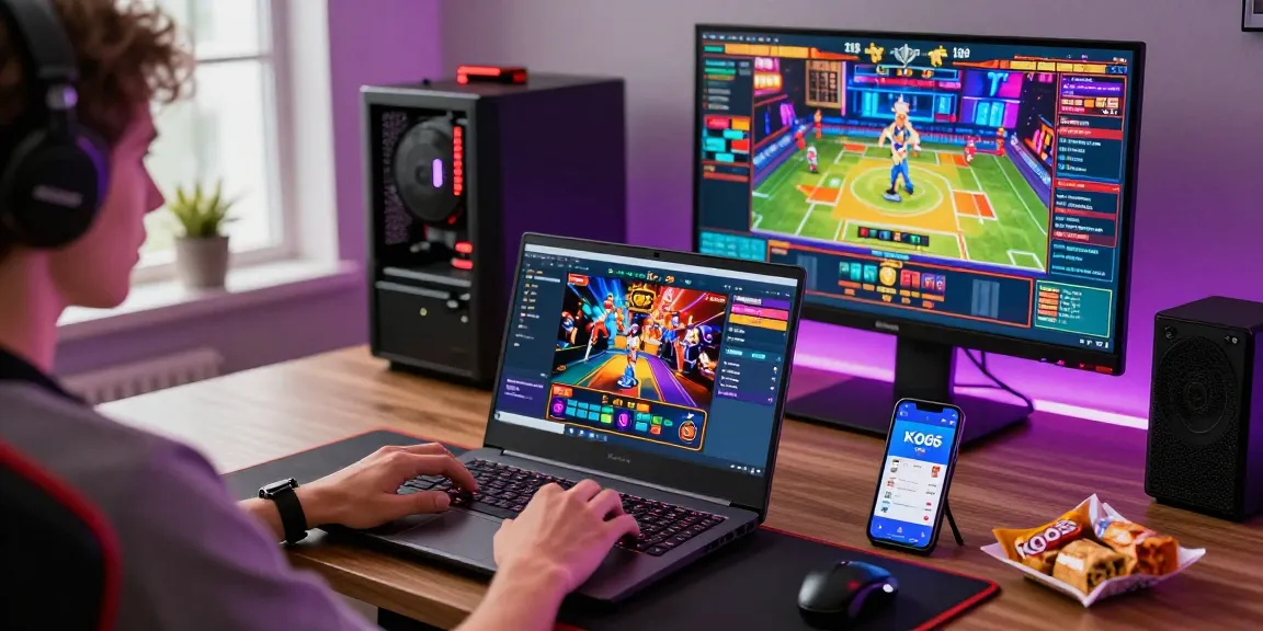 The excitement of online gaming at https://ko66vn.site/ with a gamer surrounded by multiple screens, showcasing live casino and sports betting.