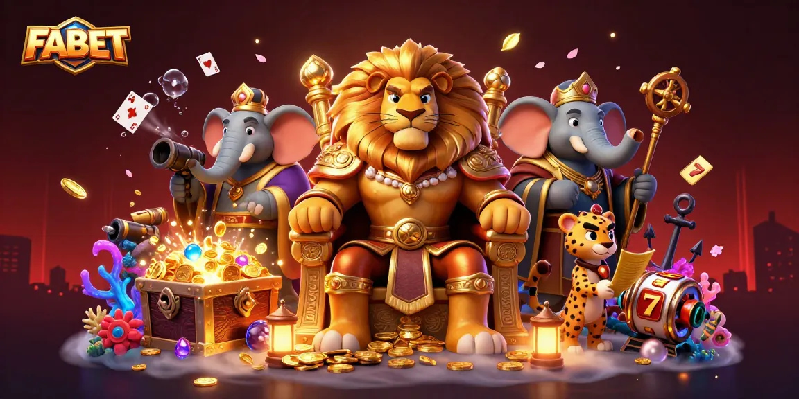 FABET players enjoy a vibrant casino scene featuring a lion king, elephant advisor, and cheetah messenger.