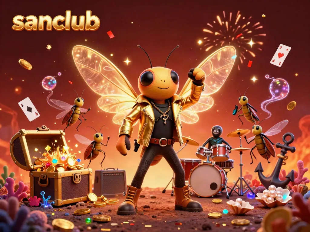 Win big with sanclub in this vibrant illustration of a rock star cicada and his band celebrating in a playful casino scene.