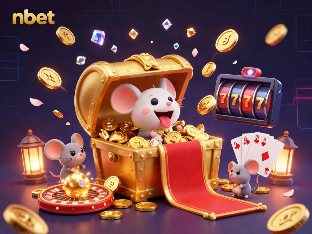 Experience the vibrant allure of nbet; adventurer mice explore a treasure chest amidst casino riches.