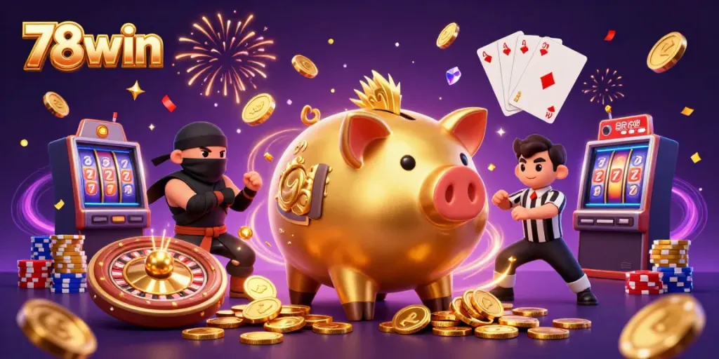 Experience the thrilling atmosphere at 78win with vibrant characters and casino elements.